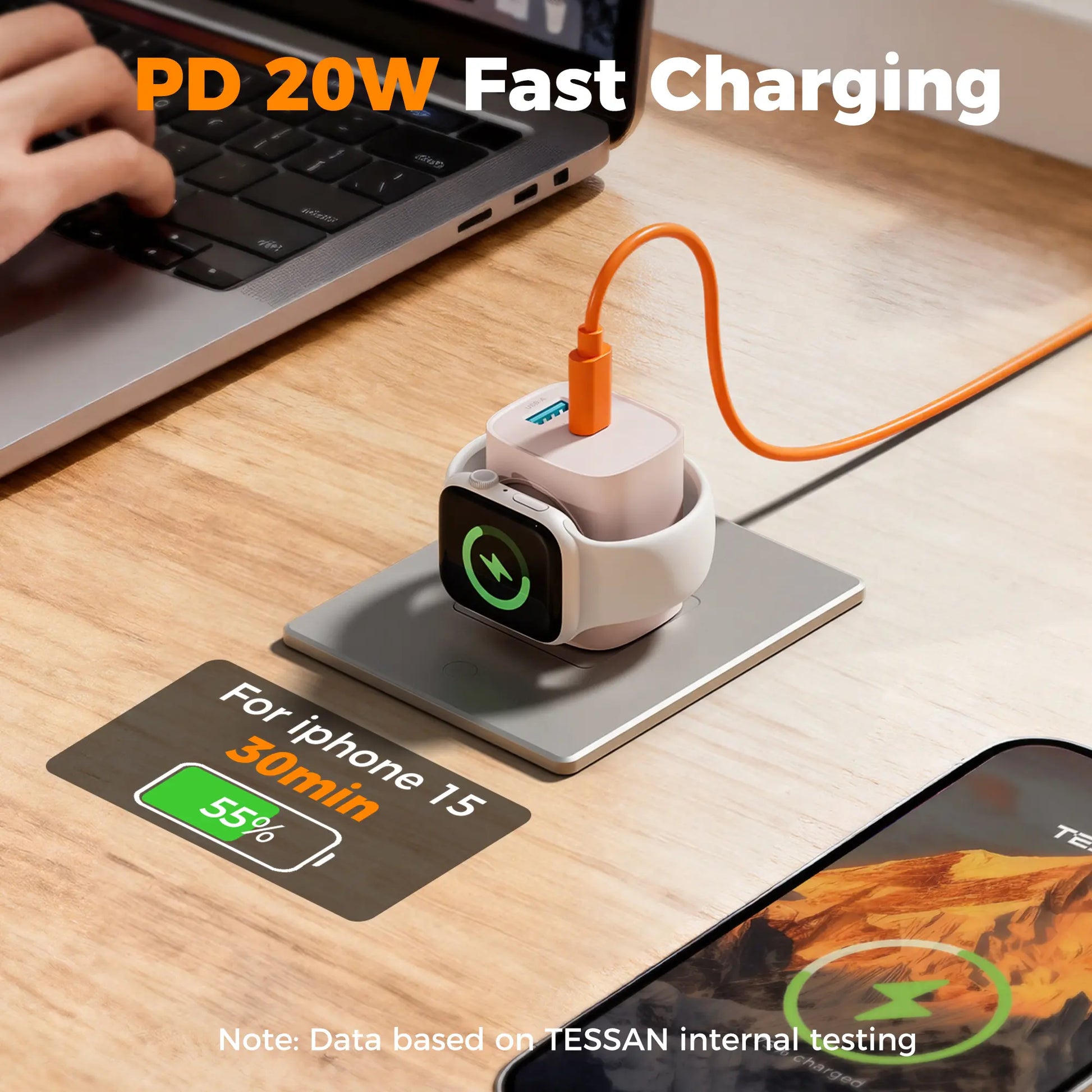 Tessan Colorful 3-In-1 PD20W USB-C Charger Block - Built-In Wireless Watch Charging, Dual Ports, Wireless Fast Charging Charger for Iwatch Ultra/9/8/7/6/Se Series, Iphone 17/17 Pro/16/16 Pro/15 Series, Cellphones, Iphone Charger