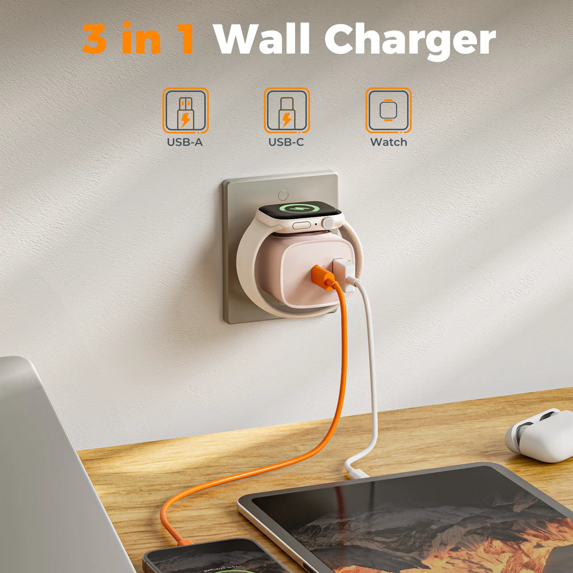 Tessan Colorful 3-In-1 PD20W USB-C Charger Block - Built-In Wireless Watch Charging, Dual Ports, Wireless Fast Charging Charger for Iwatch Ultra/9/8/7/6/Se Series, Iphone 17/17 Pro/16/16 Pro/15 Series, Cellphones, Iphone Charger