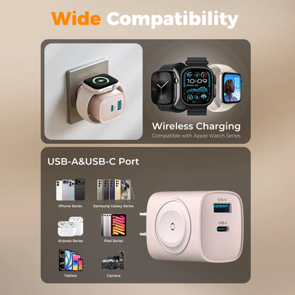 Tessan Colorful 3-In-1 PD20W USB-C Charger Block - Built-In Wireless Watch Charging, Dual Ports, Wireless Fast Charging Charger for Iwatch Ultra/9/8/7/6/Se Series, Iphone 17/17 Pro/16/16 Pro/15 Series, Cellphones, Iphone Charger